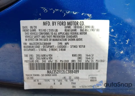 2020 Ford Ecosport S z USA, uszkodzony, nr VIN MAJ3S2FE2LC388489